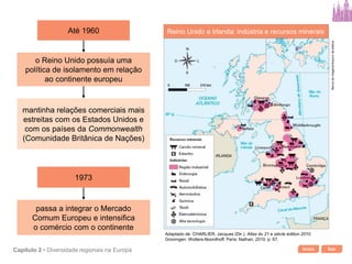 Início SairCapítulo 2 • Diversidade regionais na Europa
Até 1960
o Reino Unido possuía uma
política de isolamento em relação
ao continente europeu
1973
mantinha relações comerciais mais
estreitas com os Estados Unidos e
com os países da Commonwealth
(Comunidade Britânica de Nações)
passa a integrar o Mercado
Comum Europeu e intensifica
o comércio com o continente
Adaptado de: CHARLIER, Jacques (Dir.). Atlas du 21 e siècle édition 2010.
Groningen: Wolters-Noordhoff; Paris: Nathan, 2010. p. 67.
Reino Unido e Irlanda: indústria e recursos minerais
Bancodeimagens/Arquivodaeditora
 