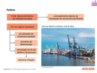 Início SairCapítulo 2 • Diversidade regionais na Europa
Forte desenvolvimento
da indústria de base
principalmente depois da
introdução da economia planificada
privatização de
empresas estatais
aumento do
desemprego
introdução da lei da
oferta e da procura
altíssima inflação
Fim do regime socialista
Polônia
Porto de Gdansk na Polônia. Foto de 2014.
S-F/Shutterstock/Glow Images
 