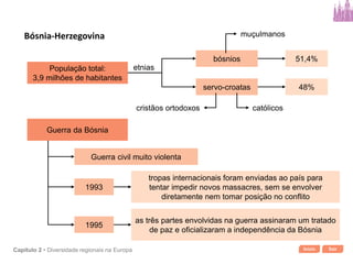 Início SairCapítulo 2 • Diversidade regionais na Europa
População total:
3,9 milhões de habitantes
servo-croatas
bósnios
48%
51,4%
etnias
muçulmanos
cristãos ortodoxos católicos
Guerra da Bósnia
Bósnia-Herzegovina
Guerra civil muito violenta
1993
1995
tropas internacionais foram enviadas ao país para
tentar impedir novos massacres, sem se envolver
diretamente nem tomar posição no conflito
as três partes envolvidas na guerra assinaram um tratado
de paz e oficializaram a independência da Bósnia
 