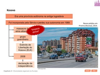 Início SairCapítulo 2 • Diversidade regionais na Europa
Era uma província autônoma na antiga Iugoslávia
Foi incorporada pela Sérvia e perdeu sua autonomia em 1989
massacre da
etnia albanesa
Exército de
Libertação do
Kosovo (ELK)
2008
declaração de
independência
grupo
guerrilheiro
Kosovo
Novos prédios em
Pristina (Kosovo), 2014.
123RF/Easypix Brasil
 