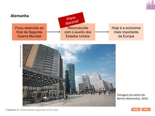 Início SairCapítulo 2 • Diversidade regionais na Europa
Ficou destruída ao
final da Segunda
Guerra Mundial
Reconstruída
com o auxílio dos
Estados Unidos
Hoje é a economia
mais importante
da Europa
Alemanha
Paisagem do centro de
Berlim (Alemanha), 2014.
ARPictures/Shutterstock/GlowImages
 