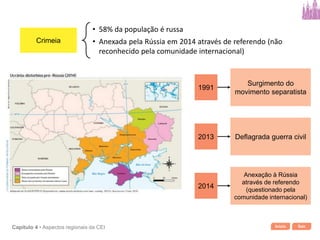 Início SairCapítulo 4 • Aspectos regionais da CEI
Crimeia
• 58% da população é russa
• Anexada pela Rússia em 2014 através de referendo (não
reconhecido pela comunidade internacional)
1991
Surgimento do
movimento separatista
2013 Deflagrada guerra civil
2014
Anexação à Rússia
através de referendo
(questionado pela
comunidade internacional)
 