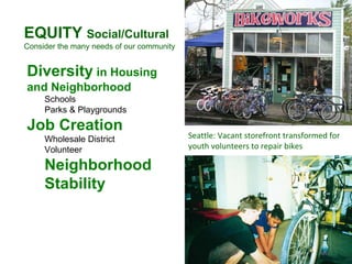 Diversity  in Housing  and Neighborhood Schools Parks & Playgrounds Job Creation Wholesale District Volunteer Neighborhood Stability Seattle: Vacant storefront transformed for youth volunteers to repair bikes EQUITY  Social/Cultural Consider the many needs of our community 