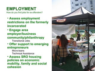EMPLOYMENT How do you find jobs for ex-offenders? Assess employment restrictions on the formerly incarcerated  Engage area employer/business community/philanthropy Transitional Jobs Offer support to emerging entrepreneurs Micro-loans Technical Assistance Assess SRO housing policies on economic mobility, family and social cohesion 