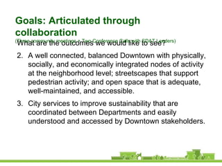 What are the outcomes we would like to see? A well connected, balanced Downtown with physically, socially, and economically integrated nodes of activity at the neighborhood level; streetscapes that support pedestrian activity; and open space that is adequate, well-maintained, and accessible. City services to improve sustainability that are coordinated between Departments and easily understood and accessed by Downtown stakeholders. Goals: Articulated through collaboration (Three community meetings + Two Conference Calls with SDAT Leaders) 