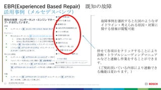 AA-AS/PAS-PDM | 2021-08-25
© Bosch Corp. 2021. All rights reserved, also regarding any disposal, exploitation, reproduction, editing, distribution, as well as in the event of applications for industrial property rights.
活用事例（メルセデスベンツ）
EBR(Experienced Based Repair) 既知の故障
12
故障事例を選択すると左図のようなガ
イドライン・考えられる原因・対策に
関する情報が閲覧可能
併せて各項目をクリックすることにより
診断・トラブルシューディングマニュア
ルなどと連動し作業をすることができま
す。
（ご契約頂いている内容により連動でき
る機能は変わります。）
 