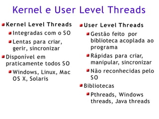 Kernel e User Level Threads
Kernel Level Threads
Integradas com o SO
Lentas para criar,
gerir, sincronizar
Disponível em
praticamente todos SO
Windows, Linux, Mac
OS X, Solaris
User Level Threads
Gestão feito por
biblioteca acoplada ao
programa
Rápidas para criar,
manipular, sincronizar
Não reconhecidas pelo
SO
Bibliotecas
Pthreads, Windows
threads, Java threads
 