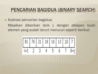 PENCARIAN BAGIDUA (BINARY SEARCH)
 Ilustrasi pencarian bagidua:
Misalkan diberikan larik L dengan delapan buah
elemen yang sudah terurt menurun seperti berikut:
 