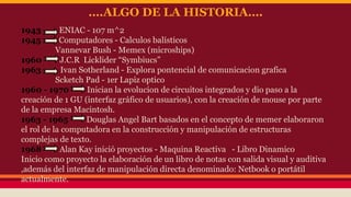 ….ALGO DE LA HISTORIA…. 
1943 ENIAC - 107 m^2 
1945 Computadores - Calculos balísticos 
Vannevar Bush - Memex (microships) 
1960 J.C.R Licklider “Symbiucs” 
1963 Ivan Sotherland - Explora pontencial de comunicacion grafica 
Scketch Pad - 1er Lapiz optico 
1960 - 1970 Inician la evolucion de circuitos integrados y dio paso a la 
creación de 1 GU (interfaz gráfico de usuarios), con la creación de mouse por parte 
de la empresa Macintosh. 
1963 - 1965 Douglas Angel Bart basados en el concepto de memer elaboraron 
el rol de la computadora en la construcción y manipulación de estructuras 
complejas de texto. 
1968 Alan Kay inició proyectos - Maquina Reactiva - Libro Dinamico 
Inicio como proyecto la elaboración de un libro de notas con salida visual y auditiva 
,además del interfaz de manipulación directa denominado: Netbook o portátil 
actualmente. 
 