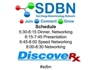 Schedule
5:30-6:15 Dinner, Networking
6:15-7:45 Presentation
6:45-8:00 Speed Networking
8:00-8:30 Networking
#sdbn
 