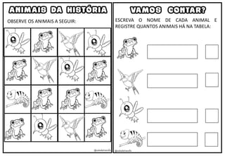@saladatiarafa @saladatiarafa
ANIMAIS DA HISTÓRIA
OBSERVE OS ANIMAIS A SEGUIR: ESCREVA O NOME DE CADA ANIMAL E
REGISTRE QUANTOS ANIMAIS HÁ NA TABELA:
VAMOS CONTAR?
 