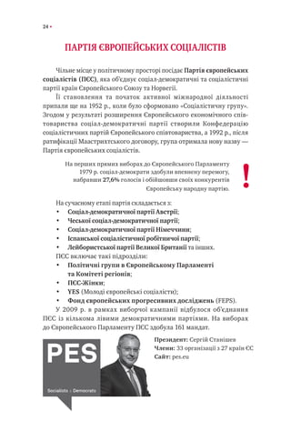 24
ПАРТІЯ ЄВРОПЕЙСЬКИХ СОЦІАЛІСТІВ
Чільне місце у політичному просторі посідає Партія європейських
соціалістів (ПЄС), яка об’єднує соціал-демократичні та соціалістичні
партії країн Європейського Союзу та Норвегії.
Її становлення та початок активної міжнародної діяльності
припали ще на 1952 р., коли було сформовано «Соціалістичну групу».
Згодом у результаті розширення Європейського економічного спів-
товариства соціал-демократичні партії створили Конфедерацію
соціалістичних партій Європейського співтовариства, а 1992 р., після
ратифікації Маастрихтського договору, група отримала нову назву —
Партія європейських соціалістів.
На перших прямих виборах до Європейського Парламенту
1979 р. соціал-демократи здобули впевнену перемогу,
набравши 27,6% голосів і обійшовши своїх конкурентів
Європейську народну партію.
На сучасному етапі партія складається з:
•	 Соціал-демократичної партії Австрії;
•	 Чеської соціал-демократичної партії;
•	 Соціал-демократичної партії Німеччини;
•	 Іспанської соціалістичної робітничої партії;
•	 Лейбористської партії Великої Британії та інших.
ПЄС включає такі підрозділи:
•	 Політичні групи в Європейському Парламенті
та Комітеті регіонів;
•	 ПЄС-Жінки;
•	 YES (Молоді європейські соціалісти);
•	 Фонд європейських прогресивних досліджень (FEPS).
У 2009 р. в рамках виборчої кампанії відбулося об’єднання
ПЄС із кількома лівими демократичними партіями. На виборах
до Європейського Парламенту ПЄС здобула 161 мандат.
!
Президент: Сергій Станішев
Члени: 33 організації з 27 країн ЄС
Сайт: pes.eu
 