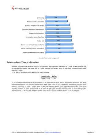 ! 
% 
Cost%saving% 
Reduce%unusefull%processes% 
Produce%more%accurate%results% 
Customer%experience%improvement% 
New%product%innovaVon% 
Increase%the%speed%of%analysis% 
Redue%risk% 
Disover%new%correlaVons%and%paYerns% 
Retain%and%analyze%more%informaVon% 
BeYer%factcbased%decision%making% 
56%% 
59%% 
64%% 
66%% 
66%% 
70%% 
70%% 
74%% 
74%% 
80%% 
Benefits%of%information%management9% 
% 
Data*as*an*Asset,*Value*of*information* 
% 
Defining%information%as%an%asset%permits%to%manage%it%like%any%assets%managed%by%a%bank.%So%we%were%be%able% 
to%manage%information%the%same%way%as%a%bank%manage%your%assets.%And,%as%any%asset,%information%will%have% 
therefor%a%value.% 
To%be%able%to%define%the%value%we%use%the%math%formula:% 
% 
!"#$%!!"#$ 
!"##$%!!"#$ 
≈ 
!"#$% 
!"#$ 
!* 
% 
To% first% understand% the% value% of% information,% it% is% preferable% to%walk% thru% a%wellcknown% example,% and%what% 
better%example%than%you%personal%information.%What%is%the%value%of%your%credit%card%information,%or%your%email% 
history?%According% to%a%2011% survey%done%by%Aricent%and%Frog%design,%your% biggest%asset%value% is%your% social% 
security% number% or% your% government% ID% at% $240.00% per% year% and% the% lowers% value% is% your% demographic% 
information%at%$3.00%per%year.%And%the%overall%value%of%your%personal%information%is%$674.20%per%year.% 
% 
©!2014,!Swiss!Data!Bank,!the!first!data!management!bank!–!http://www.databakers.ch! ! Page%6%on%9! 
 