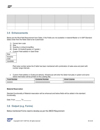 Copyright © 2011 SAP AG. All rights reserved 20 of 25
3.5 Enhancements
Below are the Must field Requirement from Sales, if the Fields are not available in material Master or in SAP Standard
Sales Order then the fields need to be Customized
1) Correct item code
2) Size
3) Quantity in m2/pc/rm/set/Box
4) Grade (A Grade B grade or C grade )
 Custom Field addition in Sale Order
Size
Scheme
code
33x50RB
Plant wise number series the Z table has been maintained with combination of sales area and plant with
number range intervals .
 Custom Field addition in Outbound delivery- Warehouse will enter the detail manually in system and same
below information will be printed on the Loading Slip.
Truck Number Container Number Driver License
xxxxxxx xxxxxxxxxxxxxxxxxx xxxxxxxxxxxxxxxxxxxxxxxxxxxxxxxxxxxx
Material Reservation
Standard functionality of Material reservation will be enhanced and below fields will be added in the standard
functionality.
Date: From ______ To ________
3.6 Output (e.g. Forms)
Below mentioned Forms need to develop as per the ABCD Requirement
 