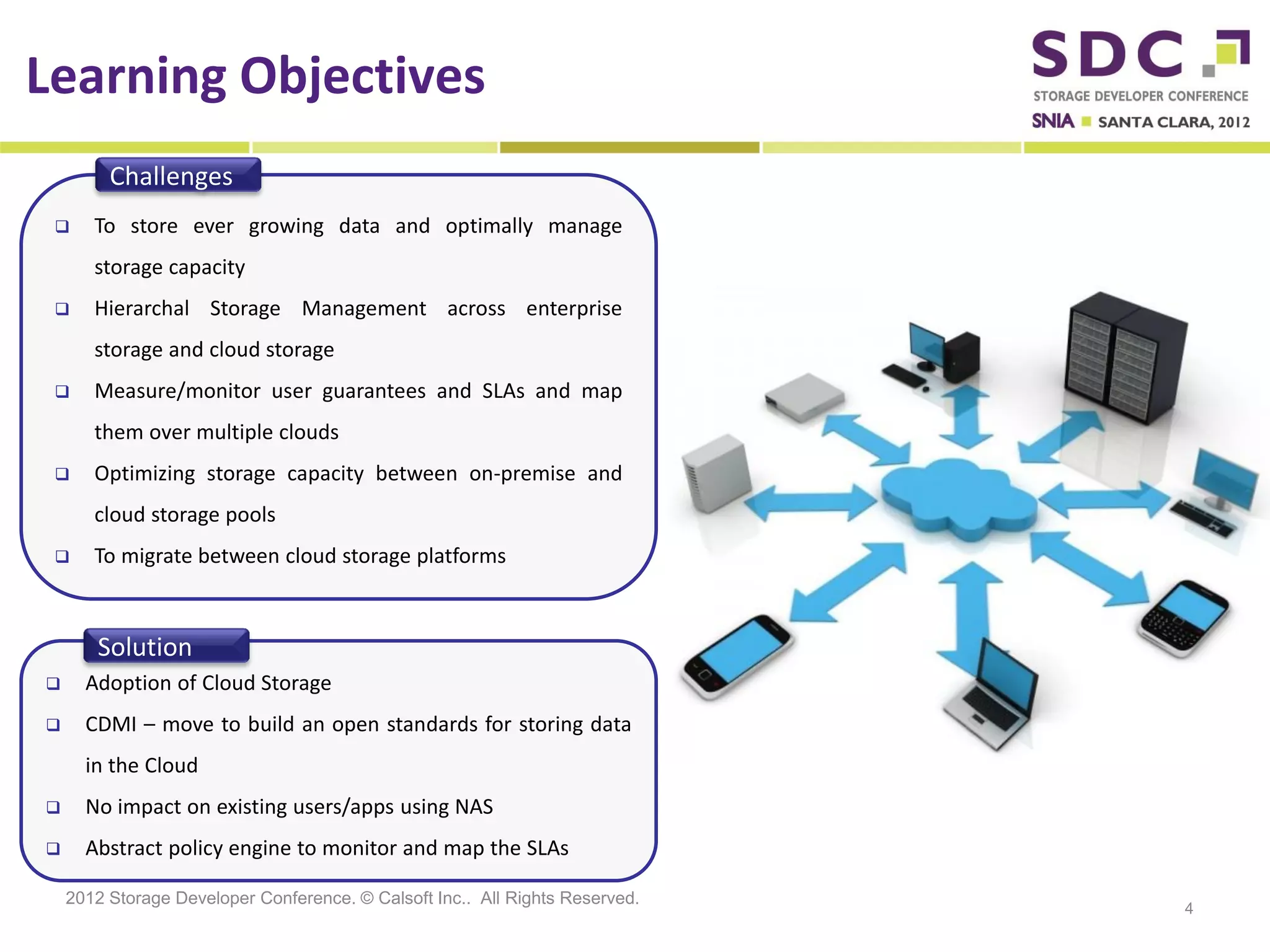Learning Objectives
         Challenges
      To store ever growing data and optimally manage
       storage capacity
      Hierarchal Storage Management across enterprise
       storage and cloud storage
      Measure/monitor user guarantees and SLAs and map
       them over multiple clouds
      Optimizing storage capacity between on-premise and
       cloud storage pools
      To migrate between cloud storage platforms



       Solution
     Adoption of Cloud Storage
     CDMI – move to build an open standards for storing data
      in the Cloud
     No impact on existing users/apps using NAS
     Abstract policy engine to monitor and map the SLAs

    2012 Storage Developer Conference. © Calsoft Inc.. All Rights Reserved.
                                                                              4
 