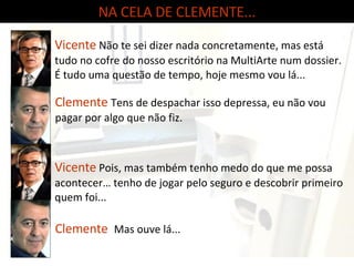 NA CELA DE CLEMENTE... Clemente   Tens de despachar isso depressa, eu não vou pagar por algo que não fiz.  Vicente   Não te sei dizer nada concretamente, mas está tudo no cofre do nosso escritório na MultiArte num dossier. É tudo uma questão de tempo, hoje mesmo vou lá... Clemente   Mas ouve lá... Vicente   Pois, mas também tenho medo do que me possa acontecer… tenho de jogar pelo seguro e descobrir primeiro quem foi... 
