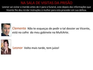 Clemente   Não te esqueças de pedir o tal dossier ao Vicente, está no cofre  do meu gabinete na MultiArte. NA SALA DE VISITAS DA PRISÃO Leonor vai visitar o marido antes de ir para o funeral, este depois das informações que Vicente lhe deu irá dar instruções à mulher para esta proceder em sua defesa. Leonor   Volto mais tarde, tem juízo! 