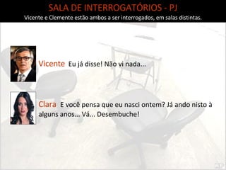 Vicente   Eu já disse! Não vi nada... SALA DE INTERROGATÓRIOS - PJ Vicente e Clemente estão ambos a ser interrogados, em salas distintas. Clara  E você pensa que eu nasci ontem? Já ando nisto à alguns anos... Vá... Desembuche! 