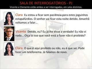 SALA DE INTERROGATÓRIOS - PJ Vicente e Clemente estão ambos a ser interrogados, em salas distintas. Clara  Eu estou a ficar sem paciência para estes joguinhos estapafúrdios. O senhor vai ficar esta noite detido. Amanhã voltamos a falar... Vicente   Detido, eu? Eu já lhe disse a verdade! Eu não vi nada... Oiça lá isso que você está a fazer não é proibido? Clara  O que é aqui proibido ou não, eu é que sei. Pode fazer um telefonema. Já falamos de novo. 