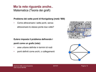 Ma la rete riguarda anche.. Problema dei sette ponti di Konigsberg (metà ‘800)  Come attraversare i sette ponti, senza  attraversare lo stesso ponte due volte? Eulero imposta il problema definendo i  ponti come un grafo (rete): aree urbane definite in termini di nodi  ponti definiti come archi, o collegamenti 9/07/07 Scienze della comunicazione Una nuova identità Pagina  Matematica (Teoria dei grafi) 