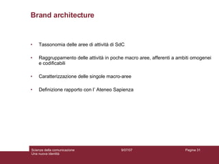Brand architecture Tassonomia delle aree di attività di SdC Raggruppamento delle attività in poche macro aree, afferenti a ambiti omogenei e codificabili Caratterizzazione delle singole macro-aree Definizione rapporto con l’ Ateneo Sapienza 