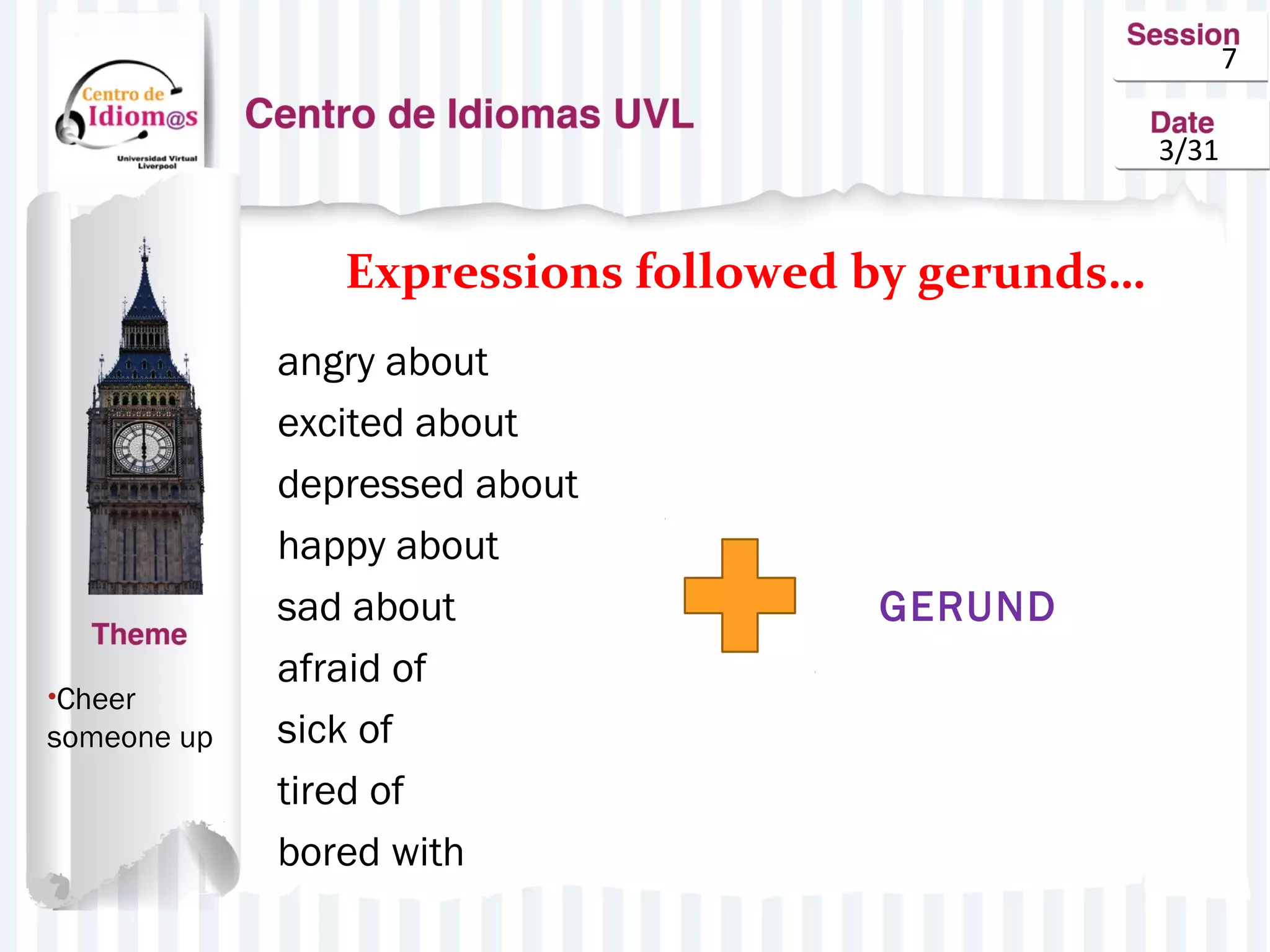 7
3/31
Expressions followed by gerunds…
•Cheer
someone up
angry about
excited about
depressed about
happy about
sad about GERUND
afraid of
sick of
tired of
bored with