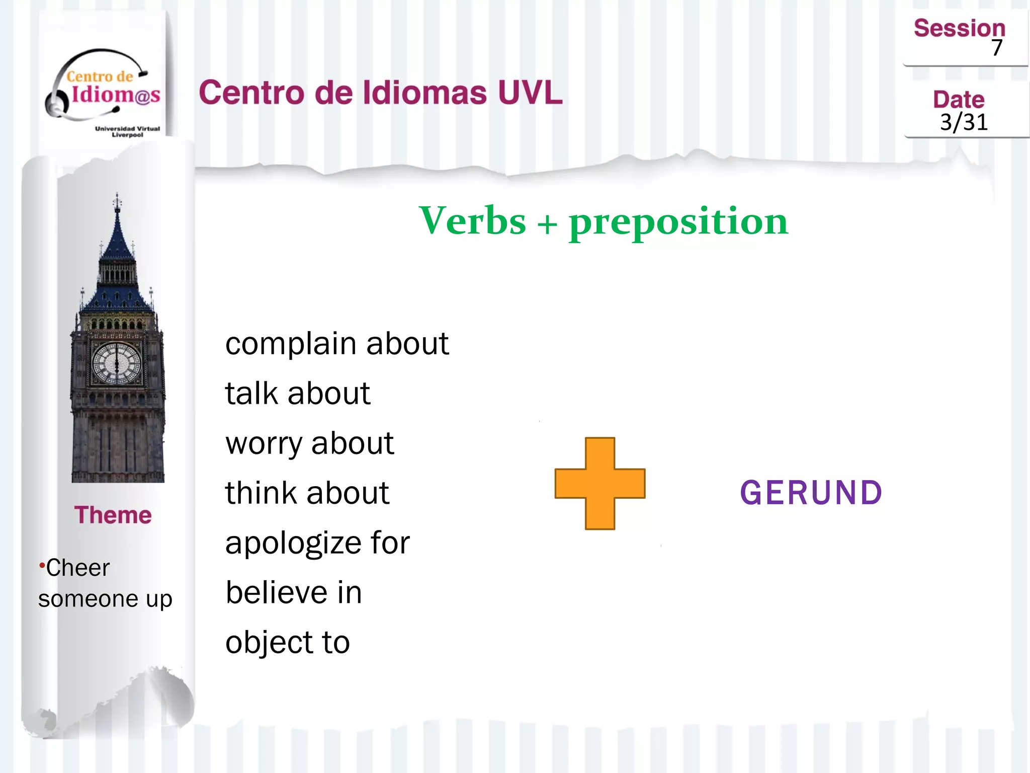 7
3/31
Verbs + preposition
•Cheer
someone up
complain about
talk about
worry about
think about GERUND
apologize for
believe in
object to