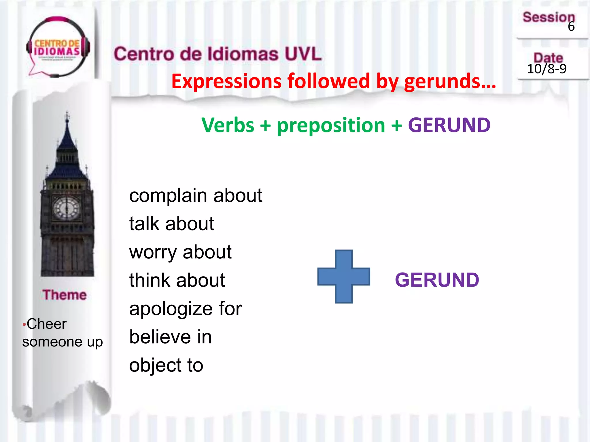6
10/8-9
Verbs + preposition + GERUND
•Cheer
someone up
complain about
talk about
worry about
think about GERUND
apologize for
believe in
object to
Expressions followed by gerunds…