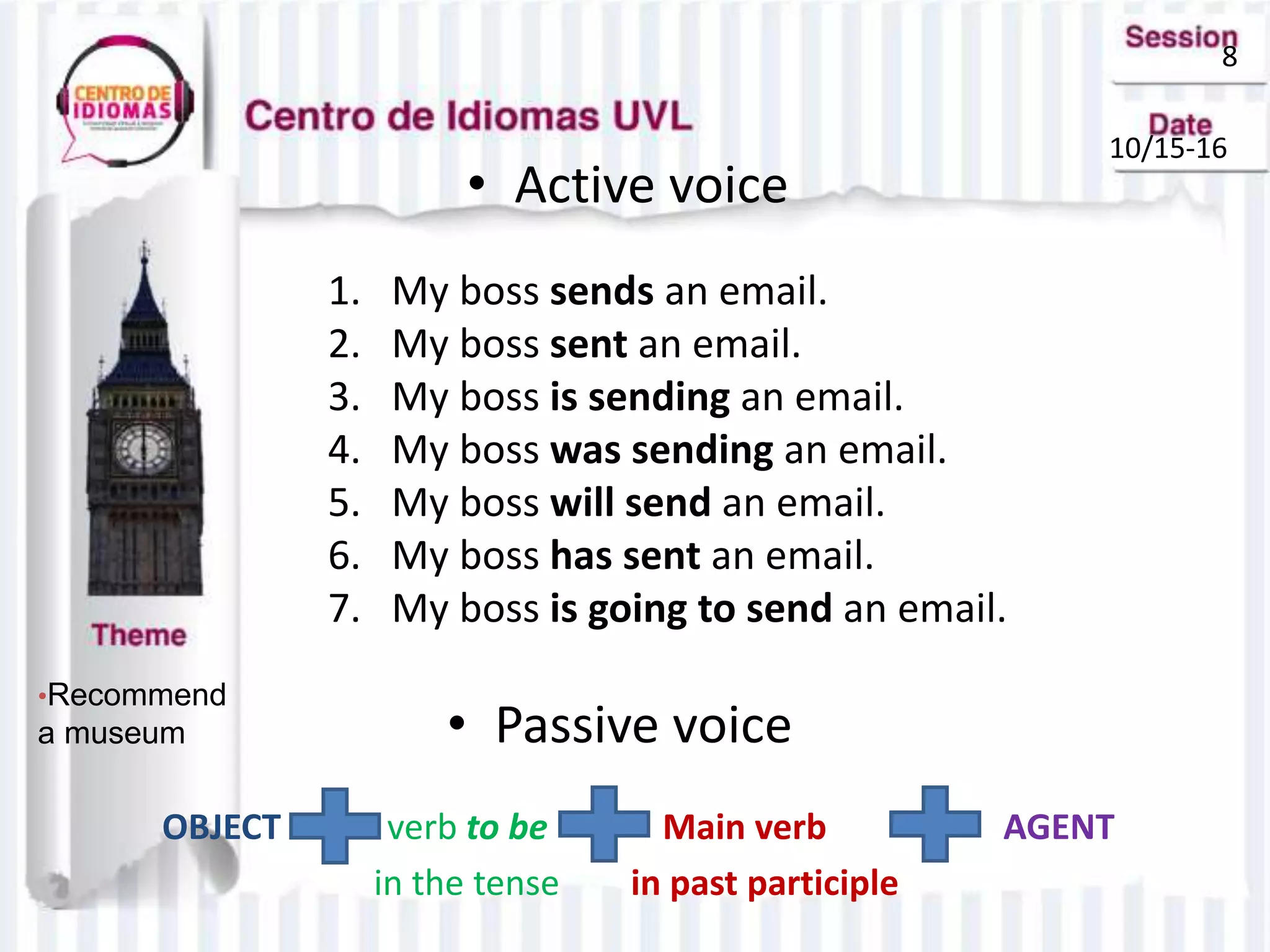 8
10/15-16
• Active voice
• Passive voice
1. My boss sends an email.
2. My boss sent an email.
3. My boss is sending an email.
4. My boss was sending an email.
5. My boss will send an email.
6. My boss has sent an email.
7. My boss is going to send an email.
OBJECT verb to be Main verb AGENT
in the tense in past participle
•Recommend
a museum
 