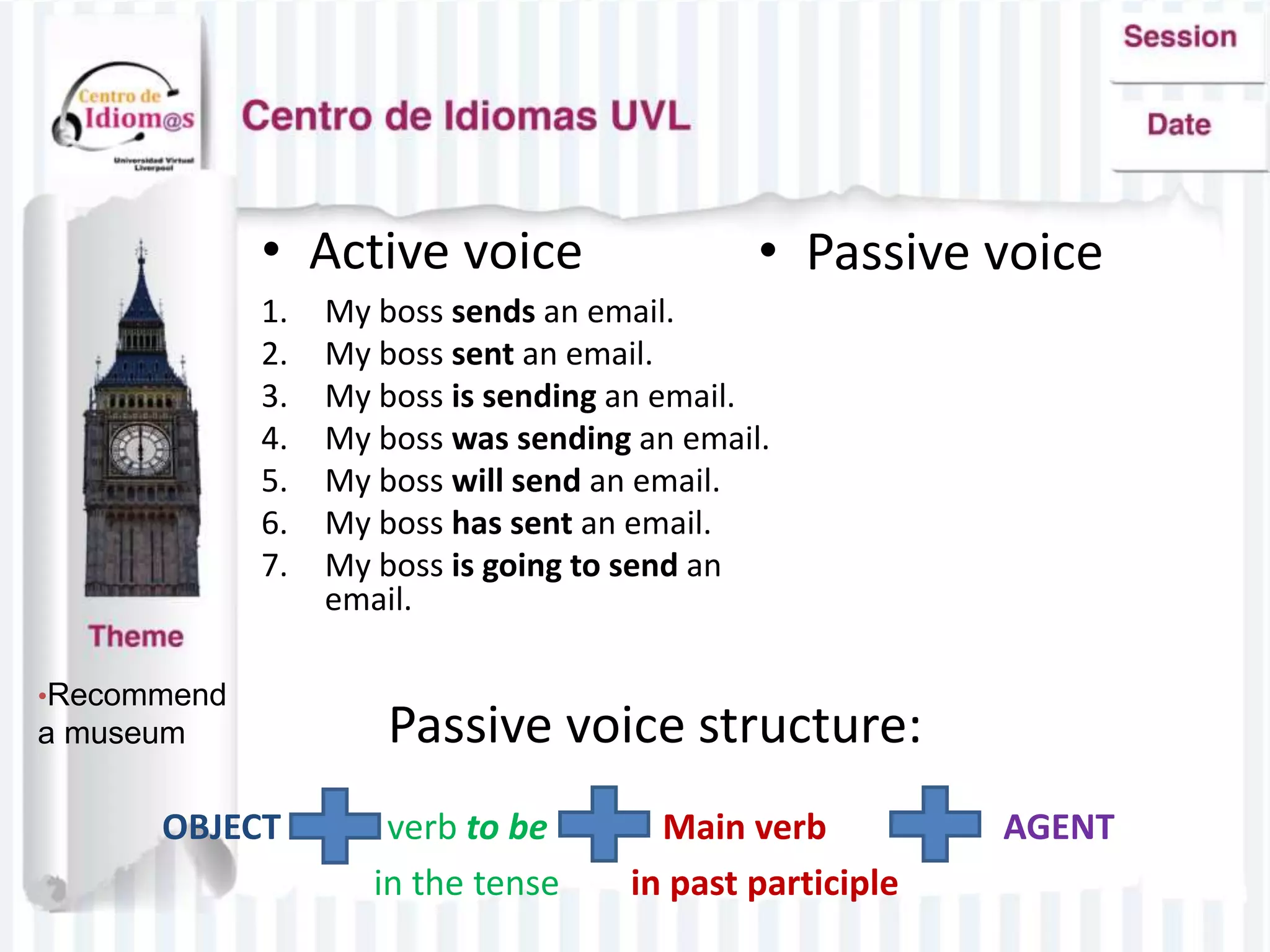8
10/15-16
•Recommend
a museum
• Active voice
Passive voice structure:
1. My boss sends an email.
2. My boss sent an email.
3. My boss is sending an email.
4. My boss was sending an email.
5. My boss will send an email.
6. My boss has sent an email.
7. My boss is going to send an
email.
OBJECT verb to be Main verb AGENT
in the tense in past participle
• Passive voice
 