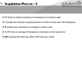  Acquisition Process - 3
Émotif /Élément
Déclencheurs
80% du processus
 Aide à atteindre objectifs
d’affaires
 Diminue le risque
 Le gain du changement
+ élevé que le statu Quo
 Gain personnel aux
décideurs
-Différencie de la compétition
-Élimine travail ennuyant
-Augmente sa Notoriété
-Élimine les conflits
-Facilite son quotidien
 17 direct or indirect contacts are necessary to conclude a sale
 7 people are involved in buying decision in a firm of more than 100 employees
 8 contacts are necessary on average to make a sale
 A CFO has an average of 5 projects in incubation at the same time
 80% closing rate when you offer a ROI with your quote
 