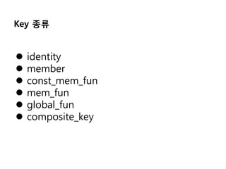 Key 종류


   identity
   member
   const_mem_fun
   mem_fun
   global_fun
   composite_key
 