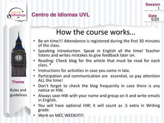 1
How the course works…
• Be on time!!! Attendance is registered during the first 30 minutes
of the class.
• Speaking introduction. Speak in English all the time! Teacher
listens and writes mistakes to give feedback later on.
• Reading: Check blog for the article that must be read for each
class. *
• Instructions for activities in case you come in late.
• Participation and communication are essential, so pay attention
ALL the time!
• Don’t forget to check the blog frequently in case there is any
notice or HW.
• Always save HW with your name and group on it and write emails
in English.
• You will have optional HW; it will count as .5 extra in Writing
grade.
• Work on MEC WEEKLY!!!
Rules and
guidelines
5/20
 