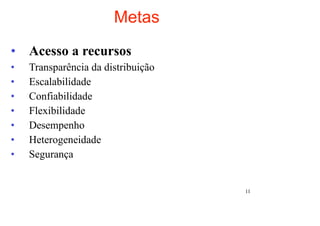 Metas
• Acesso a recursos
•   Transparência da distribuição
•   Escalabilidade
•   Confiabilidade
•   Flexibilidade
•   Desempenho
•   Heterogeneidade
•   Segurança


                                    11
 