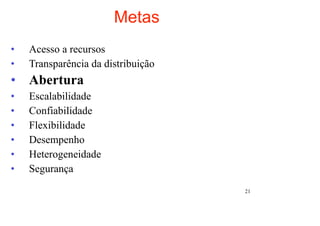 Metas
•   Acesso a recursos
•   Transparência da distribuição
• Abertura
•   Escalabilidade
•   Confiabilidade
•   Flexibilidade
•   Desempenho
•   Heterogeneidade
•   Segurança
                                    21
 