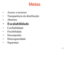 Metas
•   Acesso a recursos
•   Transparência da distribuição
•   Abertura
• Escalabilidade
•   Confiabilidade
•   Flexibilidade
•   Desempenho
•   Heterogeneidade
•   Segurança
                                    23
 