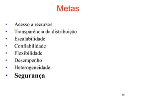 Metas
•   Acesso a recursos
•   Transparência da distribuição
•   Escalabilidade
•   Confiabilidade
•   Flexibilidade
•   Desempenho
•   Heterogeneidade
• Segurança

                                    40
 