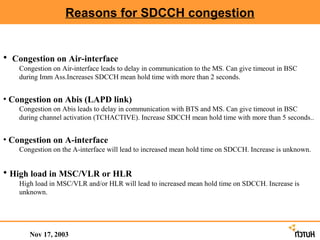 Reasons for SDCCH congestion


• Congestion on Air-interface
    Congestion on Air-interface leads to delay in communication to the MS. Can give timeout in BSC
    during Imm Ass.Increases SDCCH mean hold time with more than 2 seconds.


• Congestion on Abis (LAPD link)
    Congestion on Abis leads to delay in communication with BTS and MS. Can give timeout in BSC
    during channel activation (TCHACTIVE). Increase SDCCH mean hold time with more than 5 seconds..


• Congestion on A-interface
    Congestion on the A-interface will lead to increased mean hold time on SDCCH. Increase is unknown.


• High load in MSC/VLR or HLR
    High load in MSC/VLR and/or HLR will lead to increased mean hold time on SDCCH. Increase is
    unknown.




       Nov 17, 2003
 