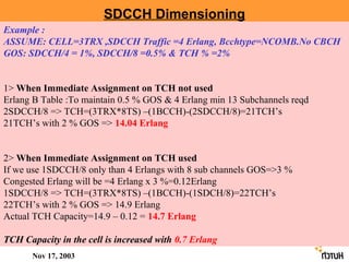 SDCCH Dimensioning
Example :
ASSUME: CELL=3TRX ,SDCCH Traffic =4 Erlang, Bcchtype=NCOMB.No CBCH
GOS: SDCCH/4 = 1%, SDCCH/8 =0.5% & TCH % =2%


1> When Immediate Assignment on TCH not used
Erlang B Table :To maintain 0.5 % GOS & 4 Erlang min 13 Subchannels reqd
2SDCCH/8 => TCH=(3TRX*8TS) –(1BCCH)-(2SDCCH/8)=21TCH’s
21TCH’s with 2 % GOS => 14.04 Erlang


2> When Immediate Assignment on TCH used
If we use 1SDCCH/8 only than 4 Erlangs with 8 sub channels GOS=>3 %
Congested Erlang will be =4 Erlang x 3 %=0.12Erlang
1SDCCH/8 => TCH=(3TRX*8TS) –(1BCCH)-(1SDCH/8)=22TCH’s
22TCH’s with 2 % GOS => 14.9 Erlang
Actual TCH Capacity=14.9 – 0.12 = 14.7 Erlang

TCH Capacity in the cell is increased with 0.7 Erlang
       Nov 17, 2003
 