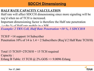 SDCCH Dimensioning
HALF RATE CAPACITY CALCULATION
Half rate will affect SDCCH dimensioning since more signaling will be
req’d when no of TCH is increased.
Important dimensioning factor is therefore the Half rate penetration
.i.e.the % of Half rate mobile in a NW.
Example: 2 TRX Cell, Half Rate Penetration =10 %, 1 SDCCH/8

TCH/F =14 support 14 Subscriber
Penetration 10% of 14 is 1.4 = 2 Subscribers (Req’d 2 Half Rate TCH/H)


Total 13 TCH/F+2TCH/H = 15 TCH required
Capacity :
Erlang B Table: 15 TCH @ 2% GOS => 9.0096 Erlang


     Nov 17, 2003
 