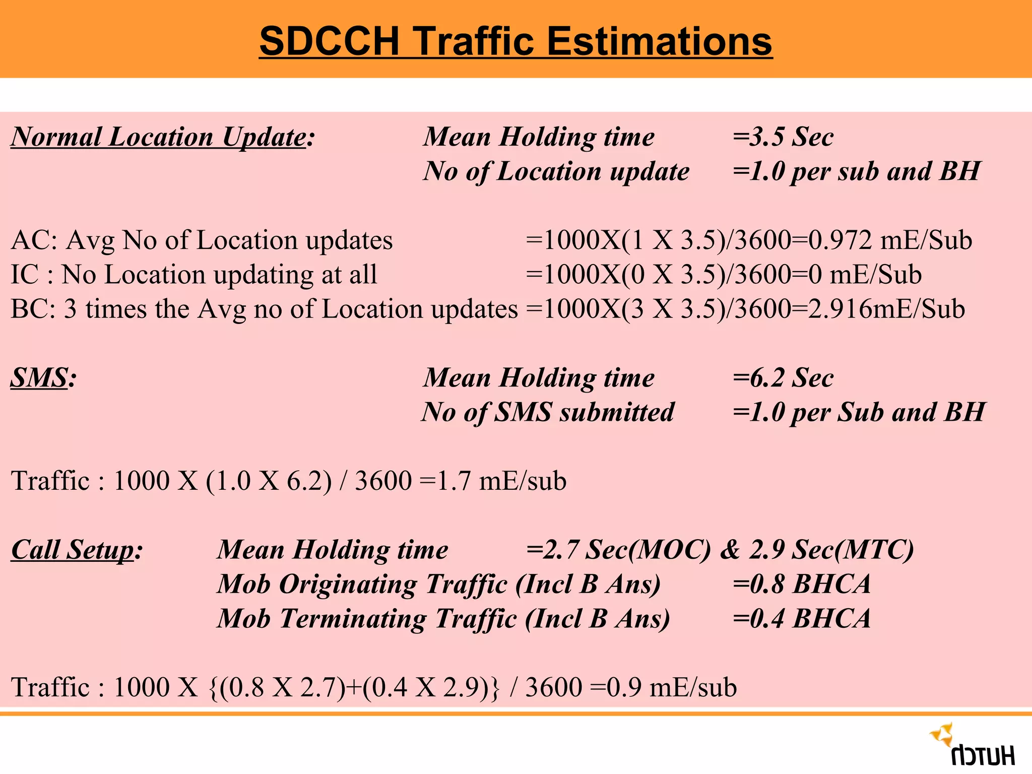 SDCCH Traffic Estimations Normal Location Update :  Mean Holding time  =3.5 Sec  No of Location update =1.0 per sub and BH AC: Avg No of Location updates =1000X(1 X 3.5)/3600=0.972 mE/Sub IC : No Location updating at all  =1000X(0 X 3.5)/3600=0 mE/Sub BC: 3 times the Avg no of Location updates =1000X(3 X 3.5)/3600=2.916mE/Sub SMS :  Mean Holding time  =6.2 Sec   No of SMS submitted  =1.0 per Sub and BH Traffic : 1000 X (1.0 X 6.2) / 3600 =1.7 mE/sub Call Setup : Mean Holding time  =2.7 Sec(MOC) & 2.9 Sec(MTC) Mob Originating Traffic (Incl B Ans) =0.8 BHCA   Mob Terminating Traffic (Incl B Ans) =0.4 BHCA Traffic : 1000 X {(0.8 X 2.7)+(0.4 X 2.9)} / 3600 =0.9 mE/sub 