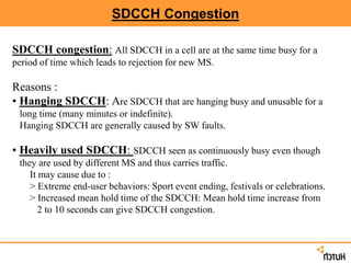 SDCCH Congestion
SDCCH congestion: All SDCCH in a cell are at the same time busy for a
period of time which leads to rejection for new MS.
Reasons :
• Hanging SDCCH: Are SDCCH that are hanging busy and unusable for a
long time (many minutes or indefinite).
Hanging SDCCH are generally caused by SW faults.
• Heavily used SDCCH: SDCCH seen as continuously busy even though
they are used by different MS and thus carries traffic.
It may cause due to :
> Extreme end-user behaviors: Sport event ending, festivals or celebrations.
> Increased mean hold time of the SDCCH: Mean hold time increase from
2 to 10 seconds can give SDCCH congestion.
 