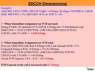 SDCCH Dimensioning
Example :
ASSUME: CELL=3TRX ,SDCCH Traffic =4 Erlang, Bcchtype=NCOMB.No CBCH
GOS: SDCCH/4 = 1%, SDCCH/8 =0.5% & TCH % =2%
1> When Immediate Assignment on TCH not used
Erlang B Table :To maintain 0.5 % GOS & 4 Erlang min 13 Subchannels reqd
2SDCCH/8 => TCH=(3TRX*8TS) –(1BCCH)-(2SDCCH/8)=21TCH’s
21TCH’s with 2 % GOS => 14.04 Erlang
2> When Immediate Assignment on TCH used
If we use 1SDCCH/8 only than 4 Erlangs with 8 sub channels GOS=>3 %
Congested Erlang will be =4 Erlang x 3 %=0.12Erlang
1SDCCH/8 => TCH=(3TRX*8TS) –(1BCCH)-(1SDCH/8)=22TCH’s
22TCH’s with 2 % GOS => 14.9 Erlang
Actual TCH Capacity=14.9 – 0.12 = 14.7 Erlang
TCH Capacity in the cell is increased with 0.7 Erlang
 