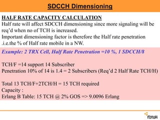 SDCCH Dimensioning
HALF RATE CAPACITY CALCULATION
Half rate will affect SDCCH dimensioning since more signaling will be
req’d when no of TCH is increased.
Important dimensioning factor is therefore the Half rate penetration
.i.e.the % of Half rate mobile in a NW.
Example: 2 TRX Cell, Half Rate Penetration =10 %, 1 SDCCH/8
TCH/F =14 support 14 Subscriber
Penetration 10% of 14 is 1.4 = 2 Subscribers (Req’d 2 Half Rate TCH/H)
Total 13 TCH/F+2TCH/H = 15 TCH required
Capacity :
Erlang B Table: 15 TCH @ 2% GOS => 9.0096 Erlang
 