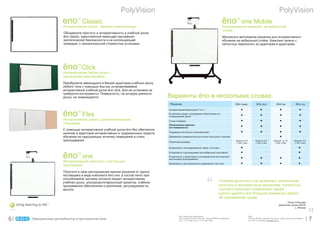 PolyVision                                                                                                                                       PolyVision
                                  eno      TM
                                                Classic
                                  Èíòåðàêòèâíàÿ äîñêà - áàçîâàÿ êîìïëåêòàöèÿ
                                                                                                                                                         çno         TM
                                                                                                                                                                          one Mobile
                                                                                                                                                         Èíòåðàêòèâíûé êîìïëåêò íà ìîáèëüíîé
                                                                                                                                                         ñòîéêå
                                  Îáúåäèíèòå ïðîñòîòó è èíòåðàêòèâíîñòü â ó÷åáíîé äîñêå
                                  çno classic, åäèíñòâåííîé èìåþùåé ñåðòèôèêàò                                                                           Àáñîëþòíî àâòîíîìíîå ðåøåíèå äëÿ èíòåðàêòèâíîãî
                                  ýêîëîãè÷åñêîé áåçîïàñíîñòè è íå èñïîëüçóþùåé                                                                           îáó÷åíèÿ íà ìîáèëüíîé ñòîéêå. Êîìïëåêò ìîæíî ñ
                                  ïðîâîäîâ, ñ íåçíà÷èòåëüíîé ñòîèìîñòüþ óñòàíîâêè.                                                                       ëåãêîñòüþ ïåðåíîñèòü èç àóäèòîðèè â àóäèòîðèþ.




                                  çno      TM
                                                Click
                                  Èíòåðàêòèâíàÿ áåëàÿ äîñêà ñ
                                  ìàãíèòíûìè êðåïëåíèÿìè
                                  Ïðåîáðàçèòå èìåþùóþñÿ â Âàøåé àóäèòîðèè ó÷åáíóþ äîñêó
                                  ëþáîãî òèïà ñ ïîìîùüþ áûñòðî óñòàíàâëèâàåìîé
                                  èíòåðàêòèâíîé ó÷åáíîé äîñêè çno click. Äëÿ åå óñòàíîâêè íå
                                  òðåáóþòñÿ èíñòðóìåíòû. Ïîâåðõíîñòü, íà êîòîðóþ êðåïèòñÿ
                                  äîñêà, íå ïîâðåæäàåòñÿ.                                      Âàðèàíòû çno â íåñêîëüêèõ ñëîâàõ
                                                                                                Ðåøåíèå                                                              çno classic              çno click               çno flex              çno one
                                                                                               Èíòåðàêòèâíàÿ áåëàÿ äîñêà “3 â 1”

                                  çno      TM
                                                Flex
                                  Èíòåðàêòèâíàÿ äîñêà ñ äîïîëíèòåëüíûìè
                                                                                               Â êîìïëåêò âõîäèò ïðîãðàììíîå îáåñïå÷åíèå ïî
                                                                                               ïëàíèðîâàíèþ óðîêà

                                                                                               Ñóõîå ñòèðàíèå
                                  ñòâîðêàìè                                                    Ïîæèçíåííàÿ ãàðàíòèÿ
                                                                                               (íà ïîâåðõíîñòü)
                                  Ñ ïîìîùüþ èíòåðàêòèâíîé ó÷åáíîé äîñêè çno flex îáåñïå÷üòå
                                                                                               Ïîääåðæêà íåñêîëüêèõ ïîëüçîâàòåëåé
                                  íàëè÷èå â àóäèòîðèè èíòåðàêòèâíûõ è òðàäèöèîííûõ ñðåäñòâ
                                  îáó÷åíèÿ íå íàðóøàþùèõ ýñòåòèêó ïîìåùåíèÿ è ñòèëü            Äîáàâëåíèå ïîâåðõíîñòåé äëÿ êíîïîê èëè ñóõîãî ñòèðàíèÿ
                                  ïðåïîäàâàíèÿ.                                                Ðàçëè÷íûå ðàçìåðû
                                                                                                                                                                     Øèðèíà: 6’,8’           Øèðèíà: 6’,8’        Øèðèíà: 12’,16’         Øèðèíà: 6’,8’
                                                                                                                                                                     (1,8ì, 2,4ì)            (1,8ì, 2,4ì)          (3,6ì, 4,9ì)           (1,8ì, 2,4ì)

                                                                                               Âîçìîæíîñòü èíòåãðèðîâàííîãî çâóêà ñ çno play



                                  çno      TM                                                  Â êîìïëåêòå ñ ðåãóëèðóåìîé èëè ìîáèëüíîé ïîäñòàâêîé

                                                one                                            Â êîìïëåêòå ñ ïðîåêòîðîì ñ óëüòðàêîðîòêîé èëè êîðîòêîé
                                                                                               äèñòàíöèåé ïðîåöèðîâàíèÿ
                                  Èíòåðàêòèâíûé êîìïëåêò ñ íàñòåííûì
                                                                                               Âîçìîæíîñòü äèñòàíöèîííîãî óïðàâëåíèÿ ñ çno mini
                                  êðåïëåíèåì
                                  Ïîëó÷èòå â ñâîå ðàñïîðÿæåíèå åäèíîå ðåøåíèå îò îäíîãî
                                  ïîñòàâùèêà â âèäå êîìïëåêòà çno one, â ñîñòàâ ëåãêî ïðè-



                                                                                                                                       “
                                  ñïîñîáëÿåìîé ñèñòåìû êîòîðîãî âõîäÿò èíòåðàêòèâíàÿ
                                  ó÷åáíàÿ äîñêà, óëüòðàêîðîòêîôîêóñíûé ïðîåêòîð, ó÷åáíîå                                                             Ó÷åáíàÿ äîñêà çno one îêàçàëàñü ýëåãàíòíûì,
                                  ïðîãðàììíîå îáåñïå÷åíèå è êðåïëåíèå, ðåãóëèðóåìîå ïî                                                               ïðîñòûì è ýêîíîìè÷íûì ðåøåíèåì, ïîëíîñòüþ
                                  âûñîòå.                                                                                                            ñîîòâåòñòâóþùèì ñòðåìëåíèþ íàøåé
                                                                                                                                                     øêîëû óäåëÿòü âñå áîëüøåå âíèìàíèå çàáîòå
                                                                                                                                                     îá îêðóæàþùåé ñðåäå.
                                                                                                                                                                                                                              Îëüãà Ñîêîëîâà
    bring learning to life   TM
                                                                                                                                                                                                                        Äèðåêòîð øêîëû ¹218
                                                                                                                                                                                                                                    ã. Ìîñêâà




6              Îôèöèàëüíûé äècòðèáüþòîð â Öåíòðàëüíîé Àçèè
                                                                                                        SDC Distribution Kazakhstan
                                                                                                        Abay Avenue 143/93, office 407, Almaty 050009, Kazakhstan,
                                                                                                        Tel: + 7 727 395 5192; + 7 727 394 4205
                                                                                                                                                                                     SDC
                                                                                                                                                                                     P.O Box 261937, Jebel Ali Free Zone, Dubai, United Arab Emirates
                                                                                                                                                                                     Tel: +971 4 8101000; sales@sdcit.ae                                  ”
                                                                                                                                                                                                                                                          7
 