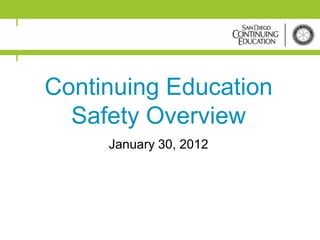 Continuing Education
  Safety Overview
     January 30, 2012
 
