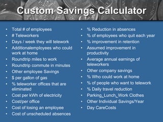 Individual: Gas, auto, food, parking, tolls, clothing, daycareTelework Savings CalculatorTeleworkResearchNetwork.com