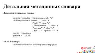Детальная метаданных словаря 
Детальная метаданных словаря dictionary-metadata = 1#dictionary-header "n" dictionary-header = "domain" ":" value "n" | "path" ":" value "n" | "format-version" ":" value "n" | "max-age" ":" value "n" | "port" ":" <"> portlist <"> "n" portlist = 1#portnum portnum = 1*DIGIT 
Полный словарь 
dictionary-definition = dictionary-metadata payload  