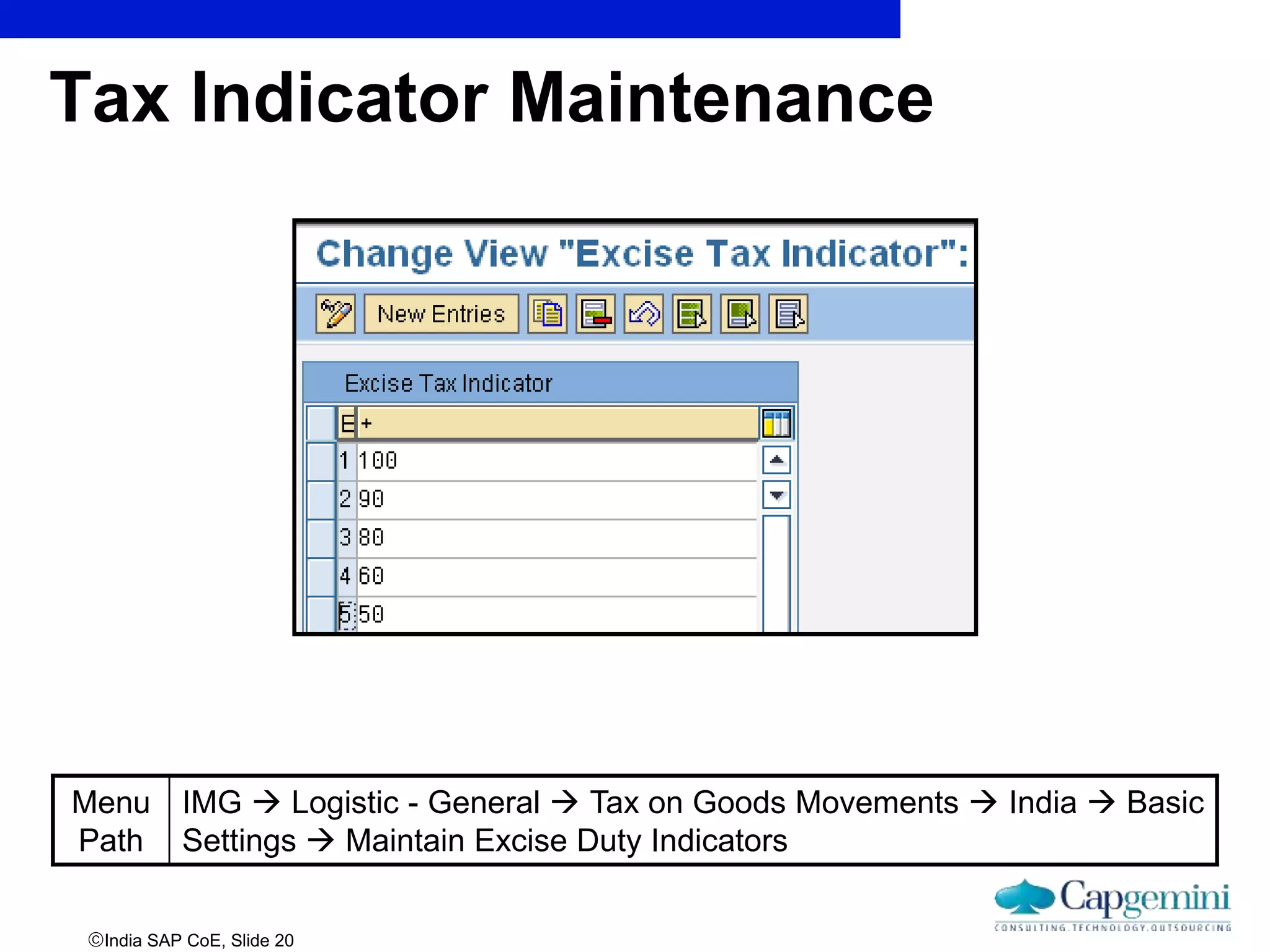 India SAP CoE, Slide 20
Tax Indicator Maintenance
Menu
Path
IMG  Logistic - General  Tax on Goods Movements  India  Basic
Settings  Maintain Excise Duty Indicators
 