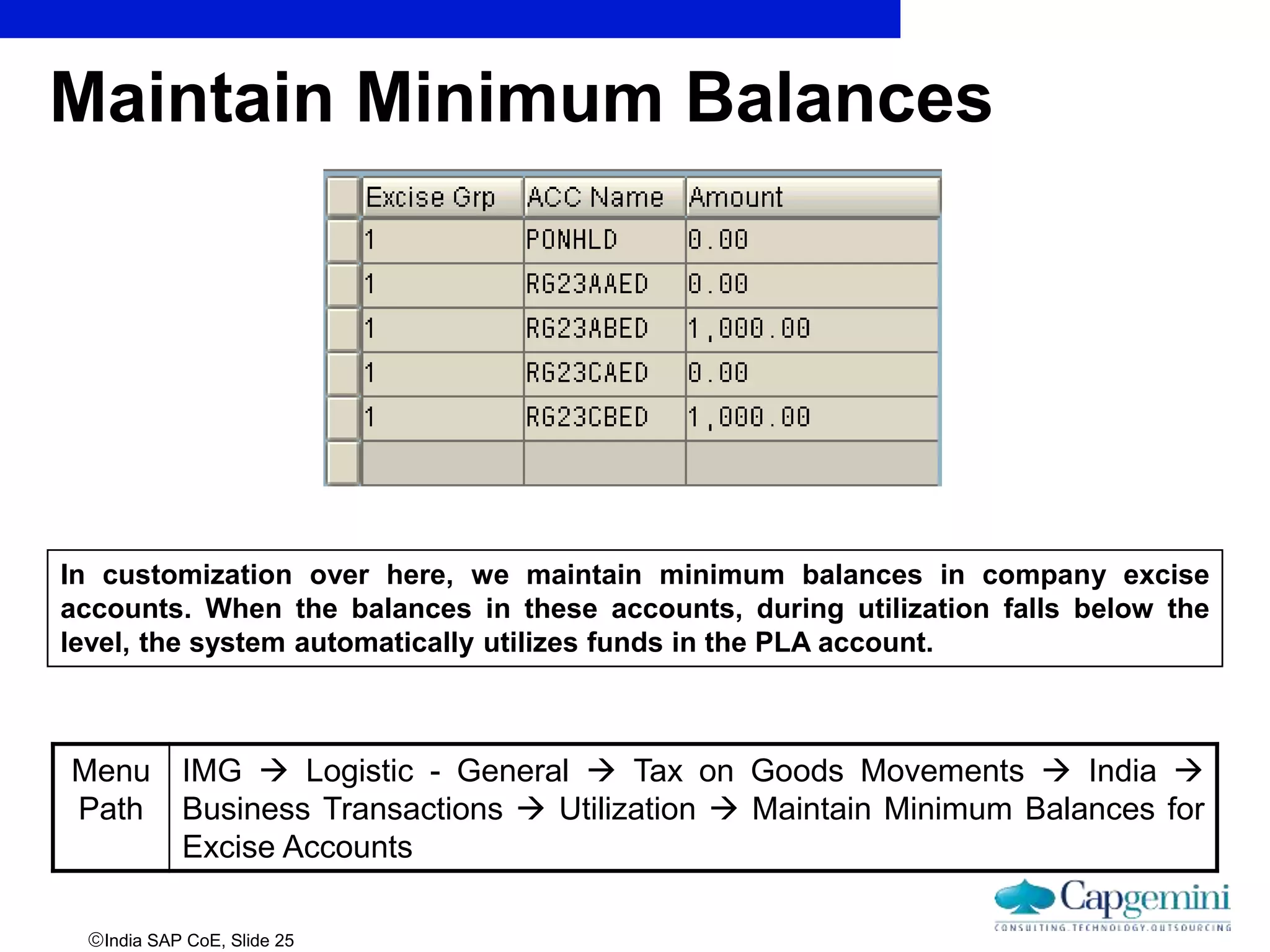 India SAP CoE, Slide 25
Maintain Minimum Balances
Menu
Path
IMG  Logistic - General  Tax on Goods Movements  India 
Business Transactions  Utilization  Maintain Minimum Balances for
Excise Accounts
In customization over here, we maintain minimum balances in company excise
accounts. When the balances in these accounts, during utilization falls below the
level, the system automatically utilizes funds in the PLA account.
 
